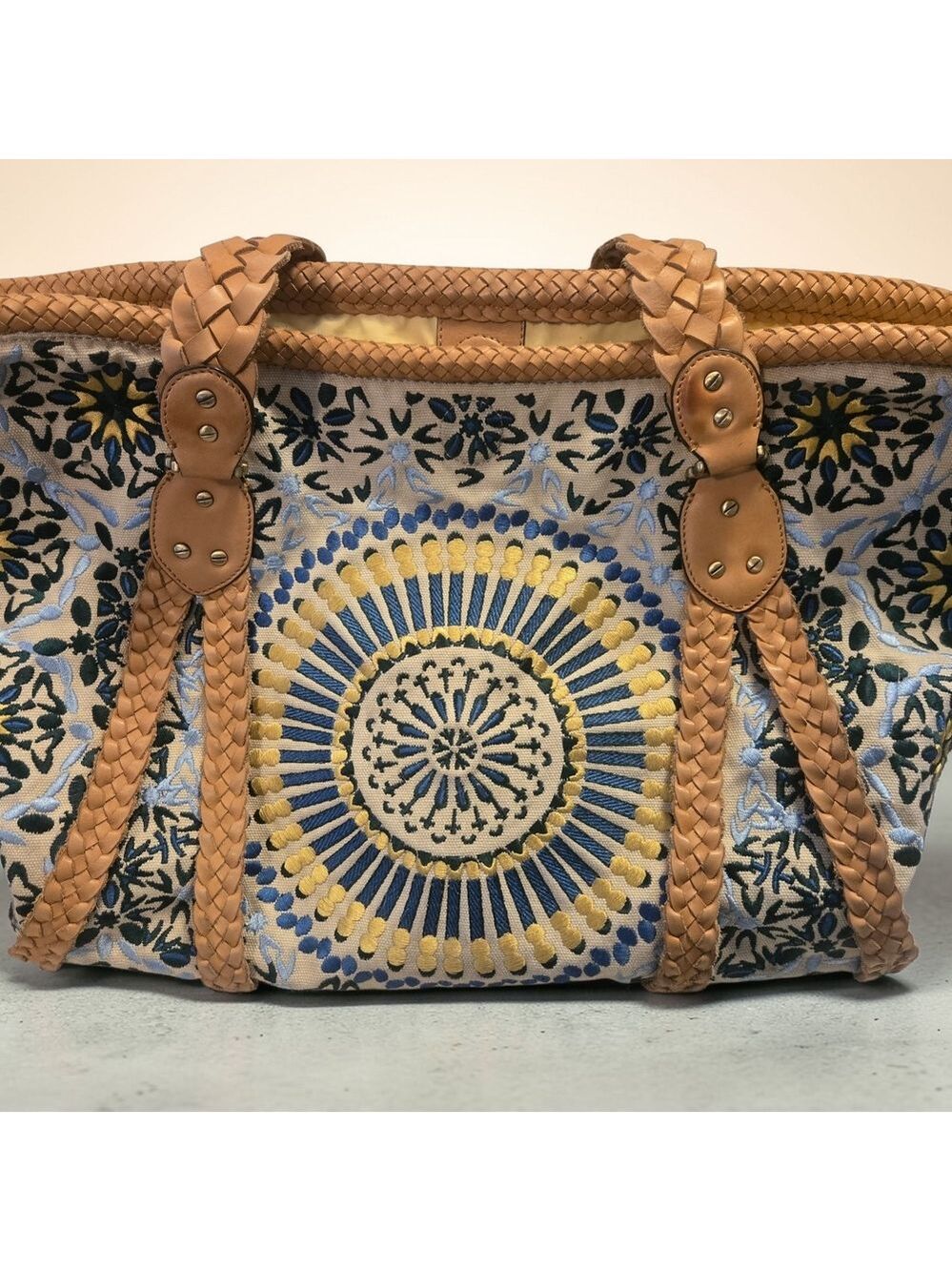 Cole Haan Sierra Embroidered Tan and Blue Tote Bag
